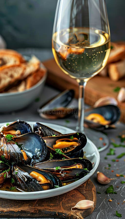 Köstliche Muscheln in Knoblauchkrautbutter-Sauce gepaart mit einem knusprigen Glas Weißwein stock abbildung
