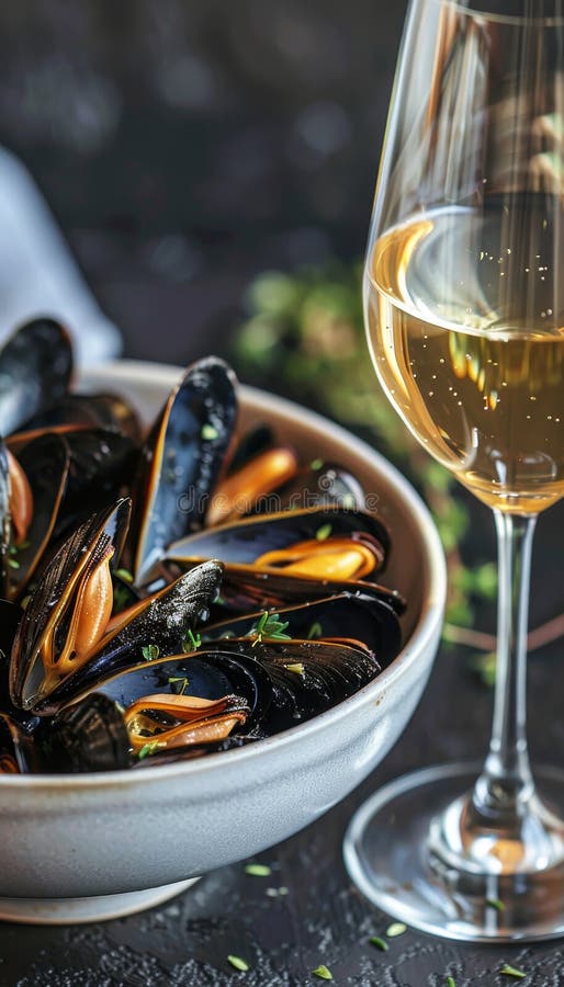 Köstliche Muscheln in Knoblauchkrautbutter-Sauce gepaart mit erfrischendem Weißwein ein kulinarischer Genuss vektor abbildung