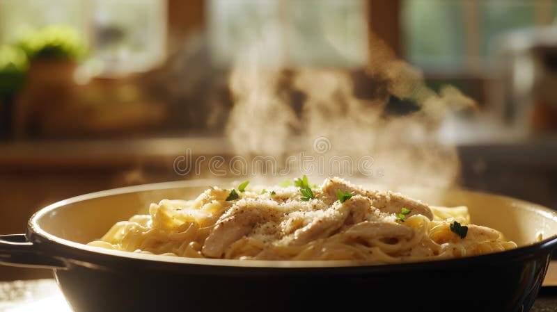 Köstliche Pasta aus cremigem Knoblauch-Parmesan-Hühnerpasta in einer gemütlichen Küche mit frischen Kräuter stock abbildung