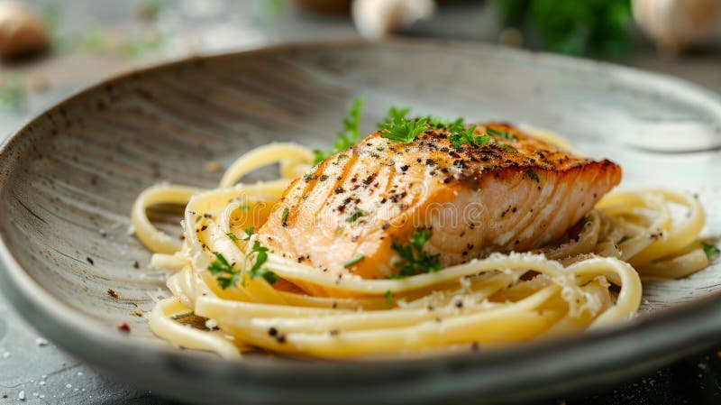 Köstliche Pasta-Schüssel mit Kräutersalat und köstlicher kulinarischer Präsentation vektor abbildung