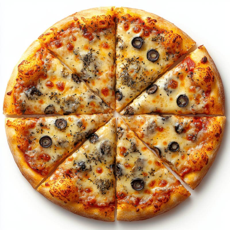 Köstliche Pizza aus frisch gebackenem Käse mit Oliven auf weißem Hintergrund vektor abbildung