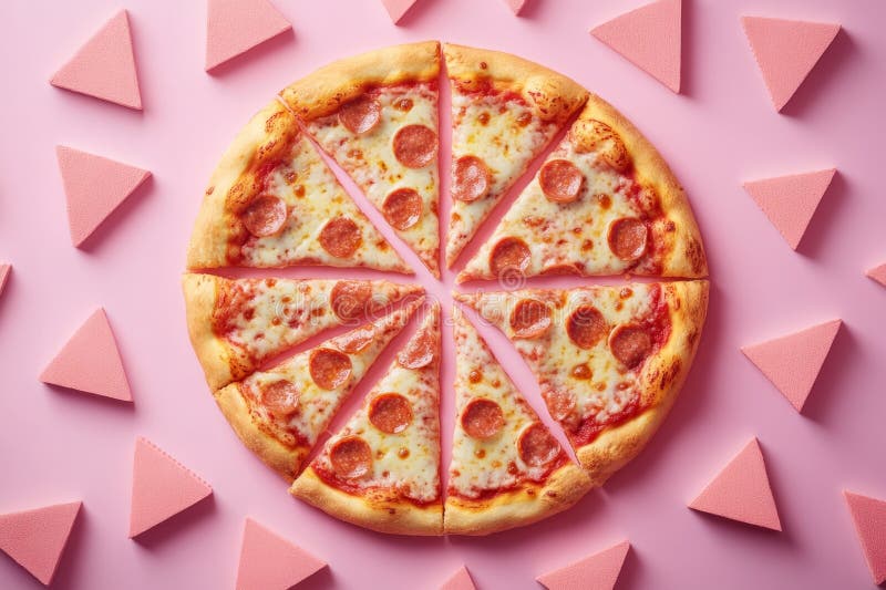 Köstliche Pizza aus Pepperoni in Scheiben geschnitten auf einem lebhaften rosa Hintergrund mit geometrischen Dreiecksformen und sc stockbild