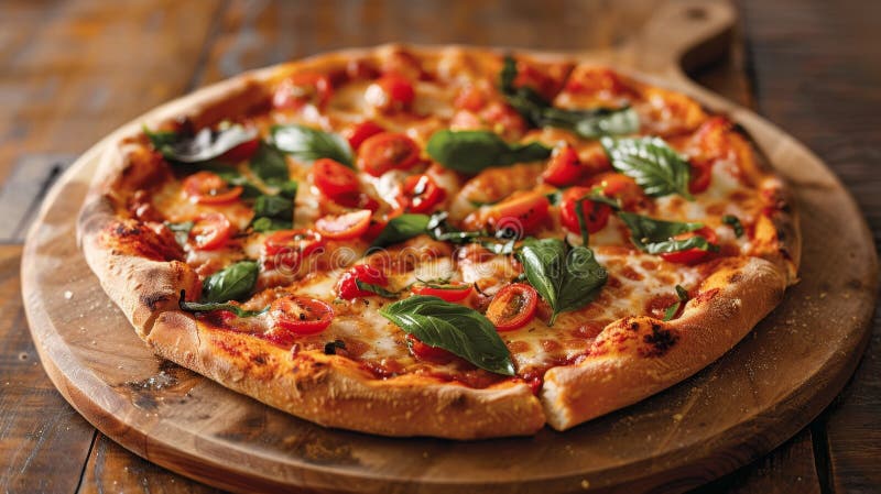 Köstliche Pizza mit Tomaten und Basilikum auf rustikalem Holzbrett stock abbildung