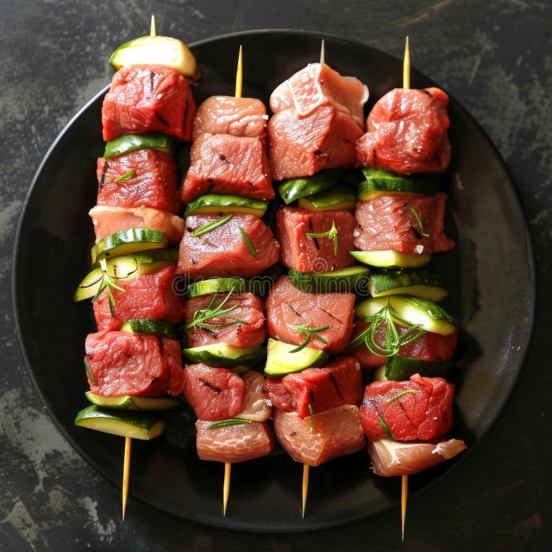 Köstliche, rohe Rinderspieße mit Zucchini auf schwarzem Teller. Fleisch- und Gemüsebüffel zum Grillen bereit. perfekt lizenzfreie stockfotos