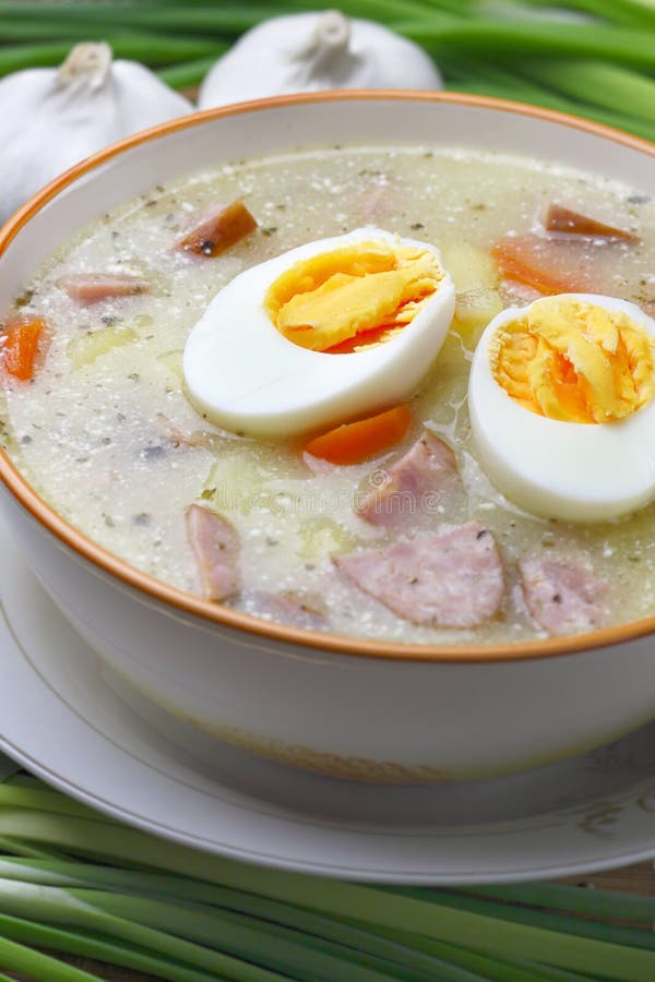 Köstliche saure Suppe mit Ei. stockfotografie