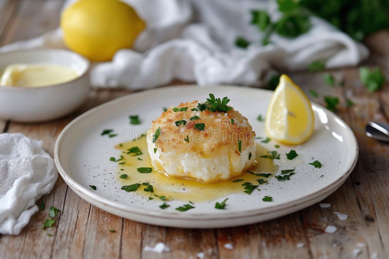 Köstliche Schellfisch mit Knoblauchbutter-Soße und frischer Petersilie auf rustikalem Tisch stockfoto
