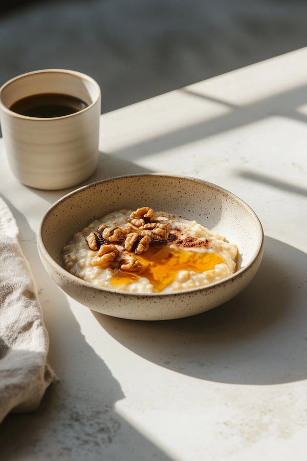 Köstliche Schüssel Hafermehl mit Honigmuttern und eine Tasse Kaffee in natürlichem Licht Einstellung Generative KI stock abbildung
