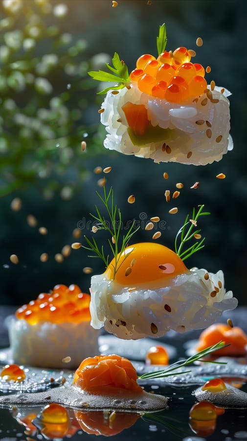 Köstliche Sushi-Eier, die im Atelier der professionellen Lebensmittelfotografie schweben, Werbespots für Fotografie Kochen stock abbildung
