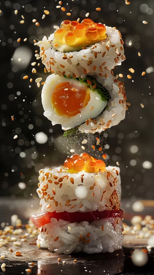 Köstliche Sushi-Eier, die im Atelier der professionellen Lebensmittelfotografie schweben, Werbespots für Fotografie Kochen stock abbildung