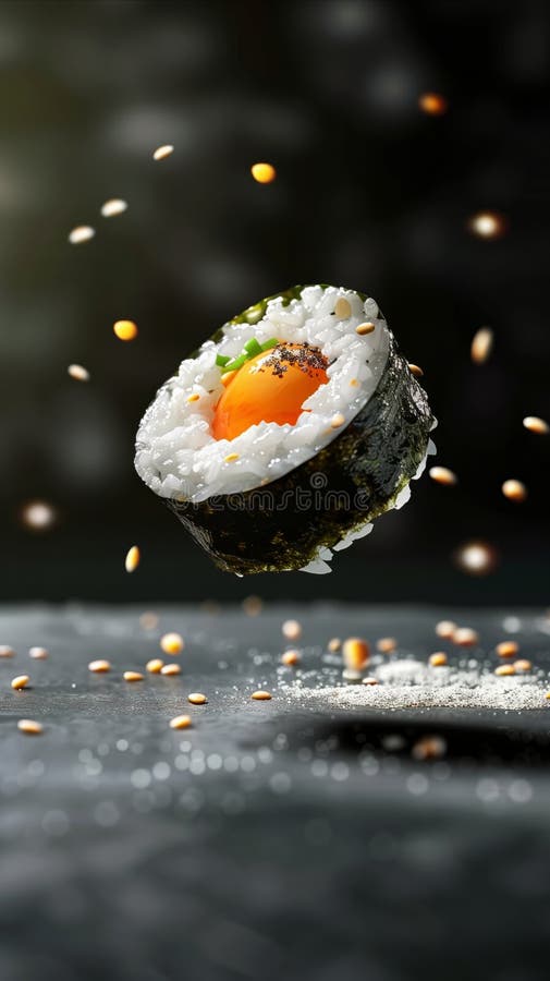 Köstliche Sushi-Eier, die im Atelier der professionellen Lebensmittelfotografie schweben, Werbespots für Fotografie Kochen stock abbildung