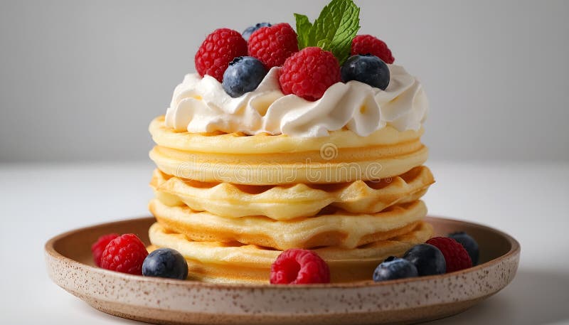 Köstliche Waffeln mit frischen Beeren zum Frühstück für einen süßen Abend. Köstliche Waffeln mit frischen Beeren für einen süßen Vormittagsgeschmack mit ai generierten Leckereien