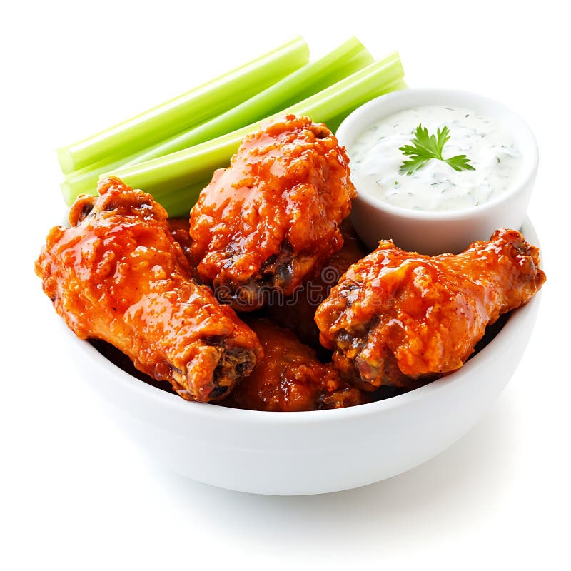 Köstliche würzige Hühnerwings mit Sellerie und Dressing stock abbildung