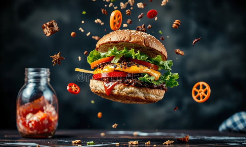 Köstlicher Burger mit frischen Zutaten explodieren stock abbildung