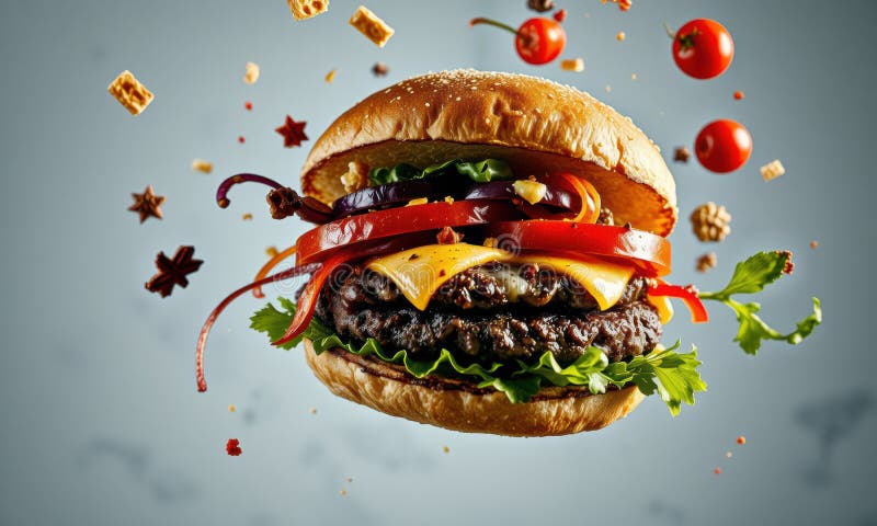 Köstlicher Burger mit frischen Zutaten explodieren lizenzfreie abbildung