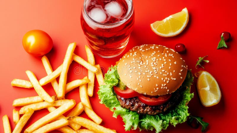 Köstlicher Burger mit Pommes frites und erfrischendes Getränk auf lebendigem Hintergrund vektor abbildung