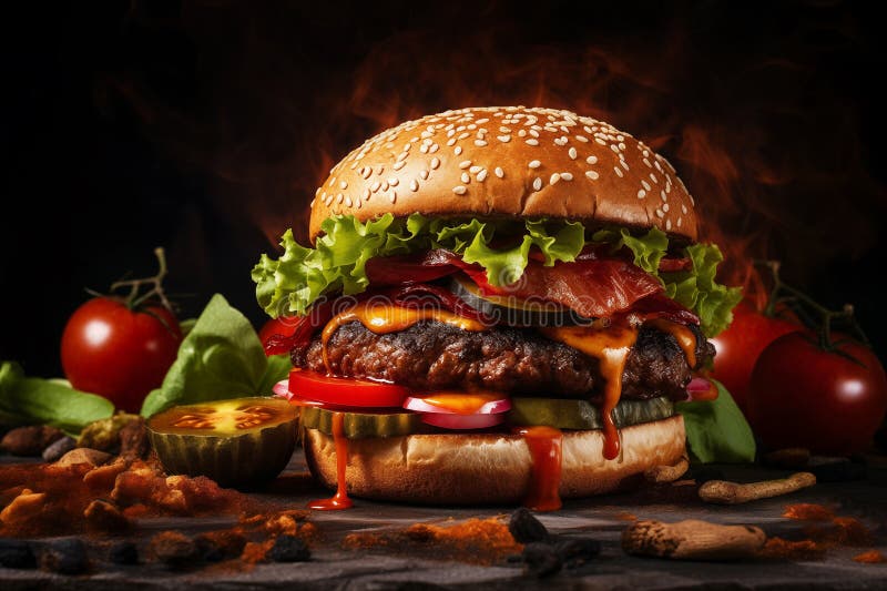 Köstlicher Burger mit Sesambrasse frischer Salat Tomaten Pickles ai generative vektor abbildung