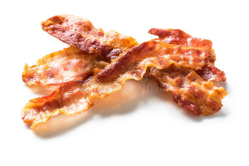 Köstlicher gebratener Speck auf einem weißen Hintergrund lokalisiert stockbild