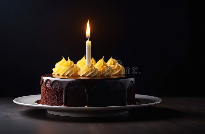 Köstlicher Geburtstagskuchen auf Teller mit beleuchteter Kerze und Buttercreme auf schwarzem Hintergrund stock abbildung