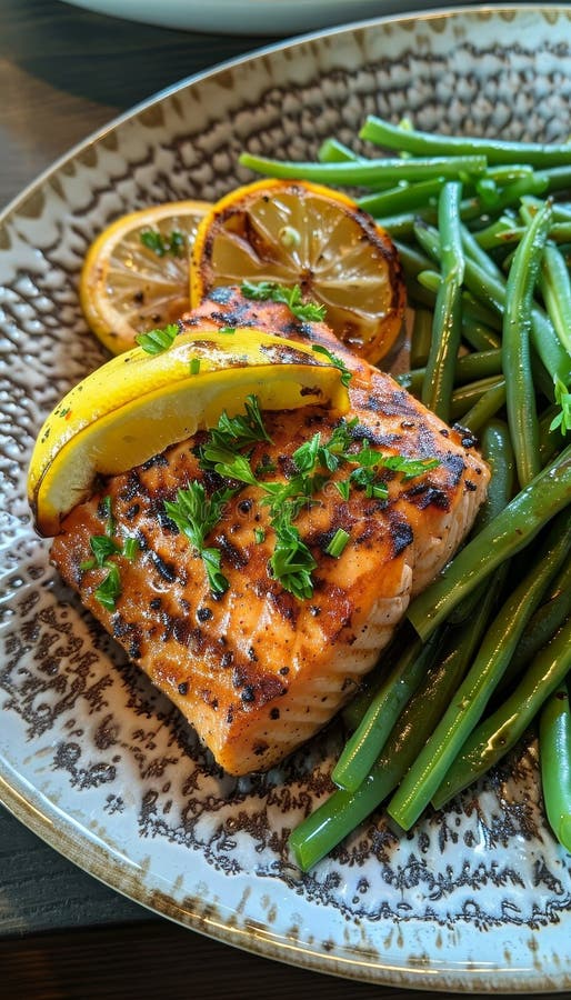 Köstlicher gegrillter Lachs mit Zitronengarnisch und frische Kräuter mit knusprigen grünen Bohnen serviert stock abbildung