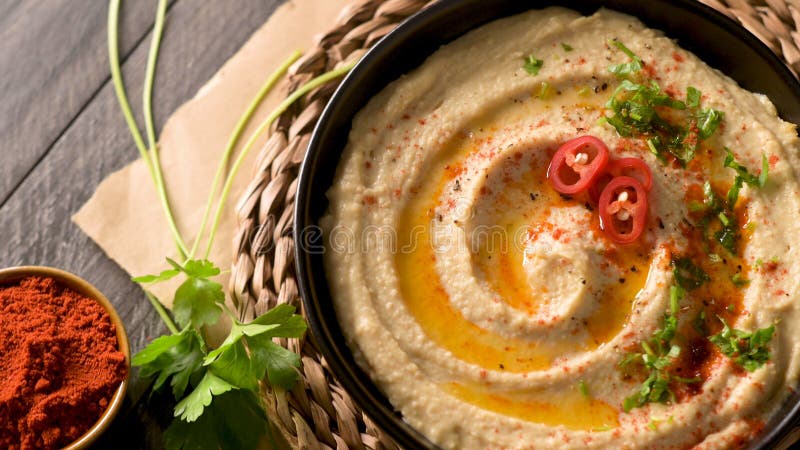 Köstlicher Hummus in einer Keramikschale lizenzfreie stockfotos