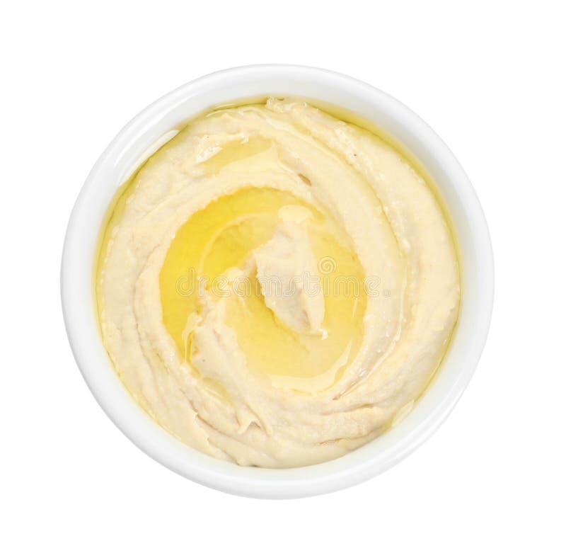 Köstlicher Hummus mit Olivenöl isoliert auf weißer Spitze lizenzfreie stockbilder