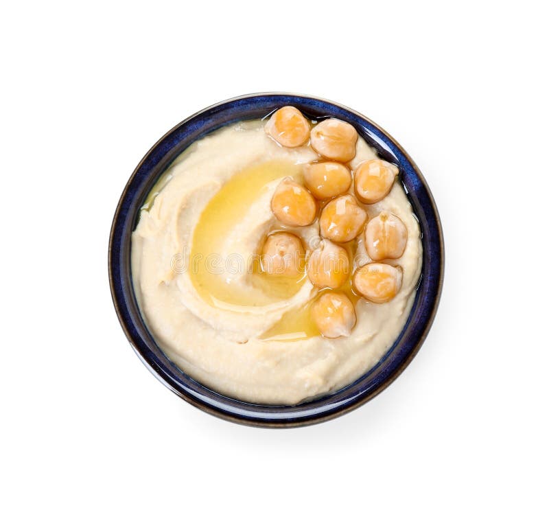 Köstlicher Hummus mit Olivenöl und Kichererbsen isoliert auf weißer Spitze stockfotografie