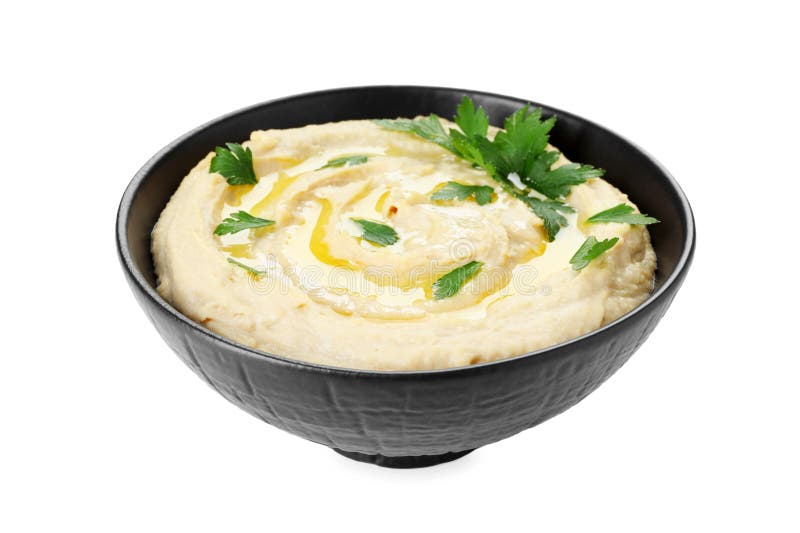 Köstlicher Hummus mit Olivenöl und Petersilie isoliert auf Weiß stockbilder