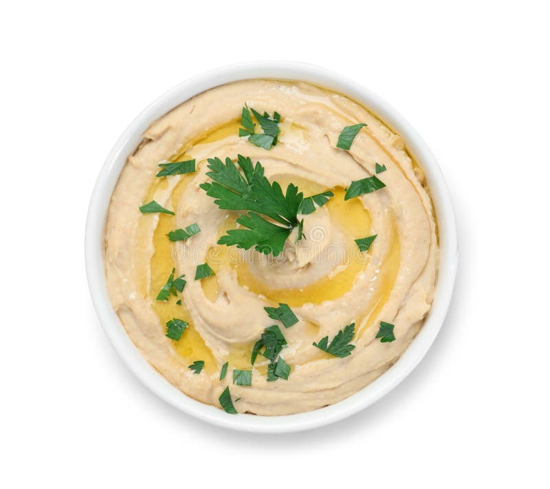 Köstlicher Hummus mit Olivenöl und Petersilie isoliert auf weißem obersten Blick lizenzfreies stockfoto