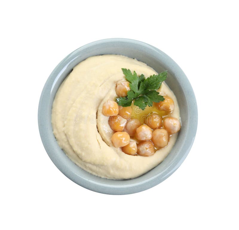 Köstlicher Hummus mit Olivenölkichererbsen und Petersilie isoliert auf weißer Spitze lizenzfreie stockfotos