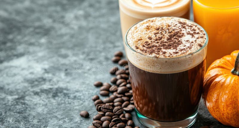 Köstlicher Kaffee und Kürbisgetränk auf dunklem Hintergrund stock abbildung