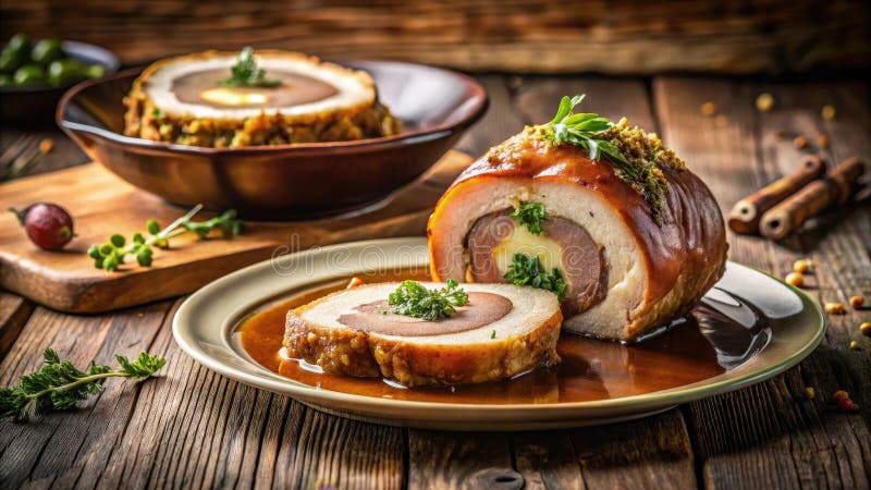 Köstlicher Kräuterbraten mit herzhafter Füllung serviert mit reichhaltigem braunem Grab auf rustikalem Holztisch. Generative AI stock abbildung