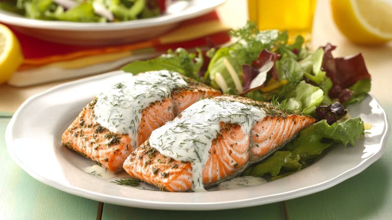 Köstlicher Kräuterkrustlachs mit Zitronendillsoße und frischer Salat auf einem hellen Esstisch stock abbildung