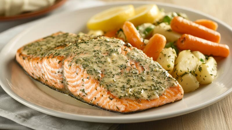 Köstlicher Kräuterkrustlachs mit Zitronendüll-Soße und frisch gedünstetes Gemüse auf einem Teller. Köstlicher Kräuterkrustlachs mit Zitronendillsoße und frisches gedampftes Gemüse auf einem Teller aus ai