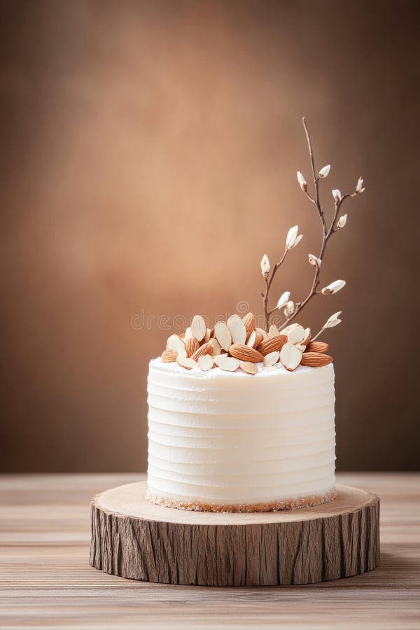 Köstlicher Mandelkuchen auf einer rustikalen Holztafel mit Mandelrutsche und zartem Eiszucker lizenzfreie stockfotografie