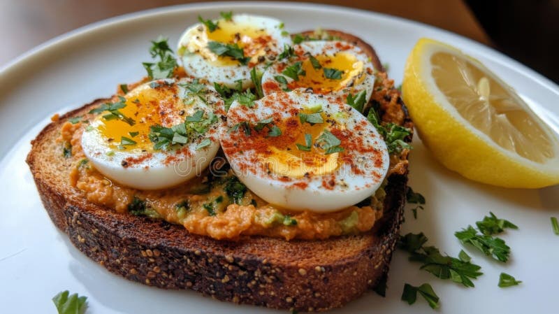 Köstlicher Toast mit gekochten Eier-Kräuter und Gewürzen, serviert mit einem Stück Zitrone stockfotos
