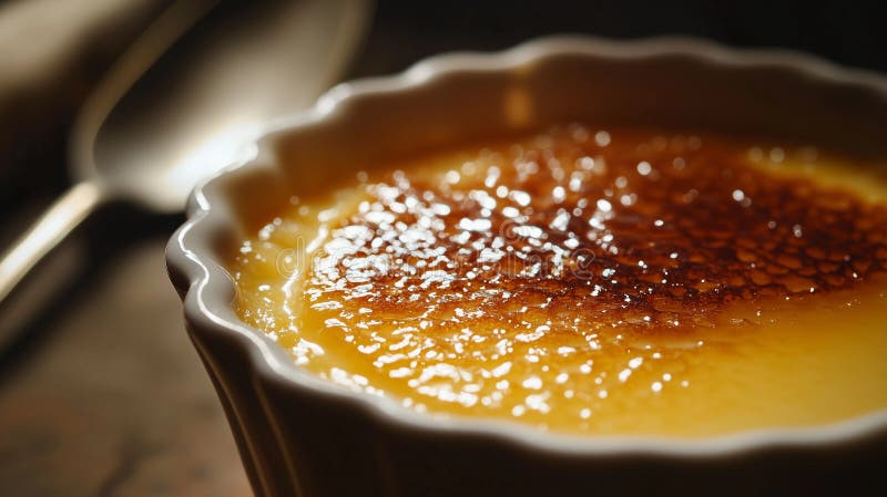 Köstliches Dessert mit goldfarbener Karamellenkruste serviert in einem weißen Gericht auf einem rustikalen Tisch in warmem Licht G vektor abbildung