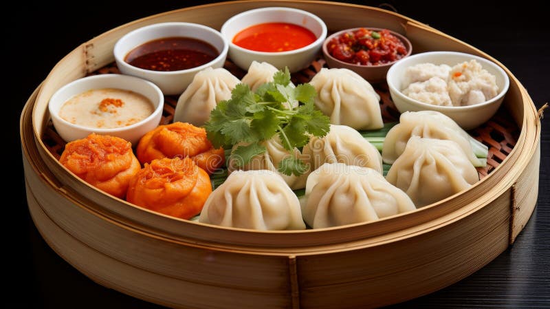 Köstliches Dim Sum Sortiment auf Tray stock abbildung