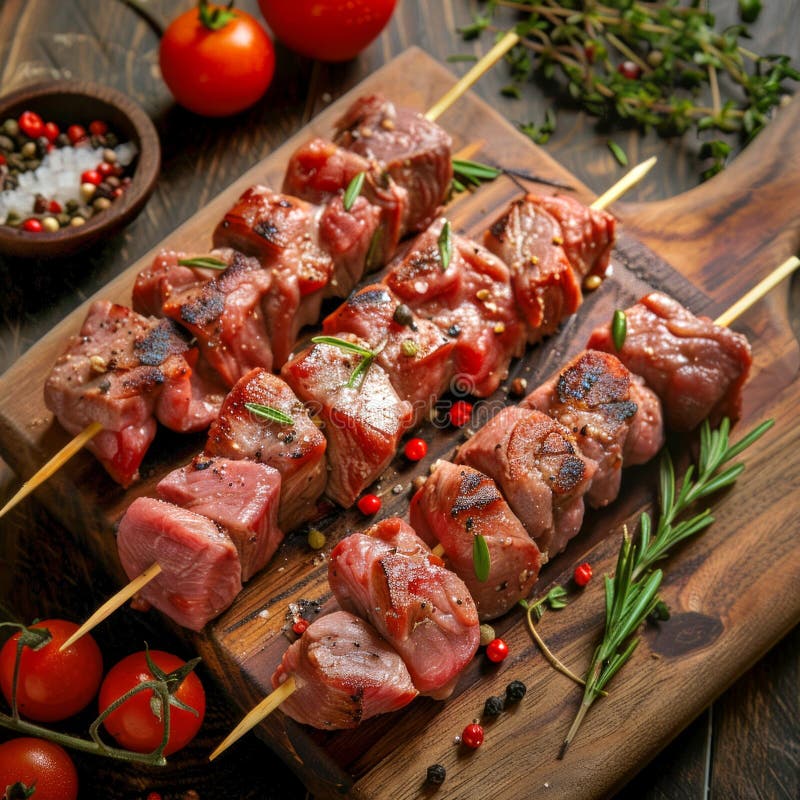 Köstliches Fleisch mit frischen Kräuter und Gewürzen aus Holz. im rustikalen Stil erfunden. perfekt zum kochen stockbilder