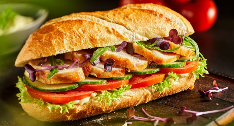 Köstliches frisches Hühnerstangenbrot mit Salat lizenzfreie stockbilder Köstliches frisches Hühnerstangenbrot mit Salat lizenzfreie stockbilder