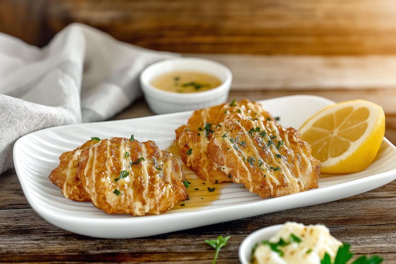 Köstliches, gebratenes Schellfisch mit Knoblauchbutter-Soße und frischer Petersilie auf rustikalem Tisch stockbilder
