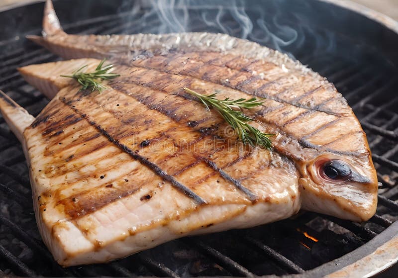Köstliches gegrilltes Fischmehl auf Grill mit Flamme lizenzfreie abbildung