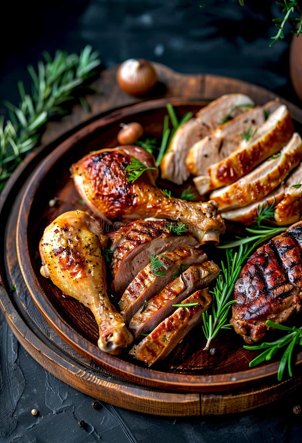 Köstliches geröstetes Fleischsortiment auf Holzplatte. enthält knusprige Hühnerbeine und saftige Steakscheiben. perfekt lizenzfreies stockfoto