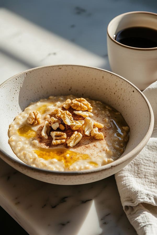 Köstliches Hafergericht mit Walnüssen und Honig serviert in einem gemütlichen Café während eines sonnigen Morgens Generative KI stock abbildung