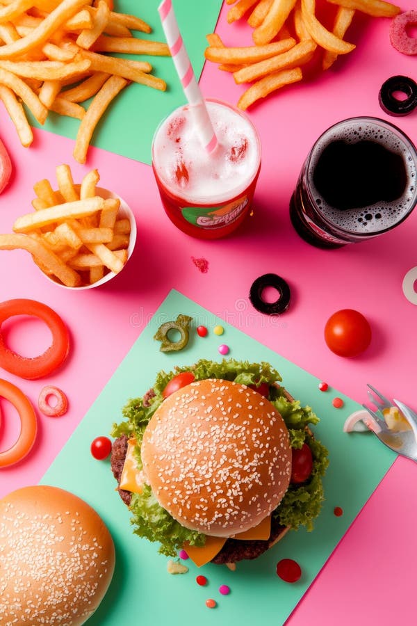 Köstliches Hamburger mit Pommes frites und Limonade auf farbenfroher Basis vektor abbildung