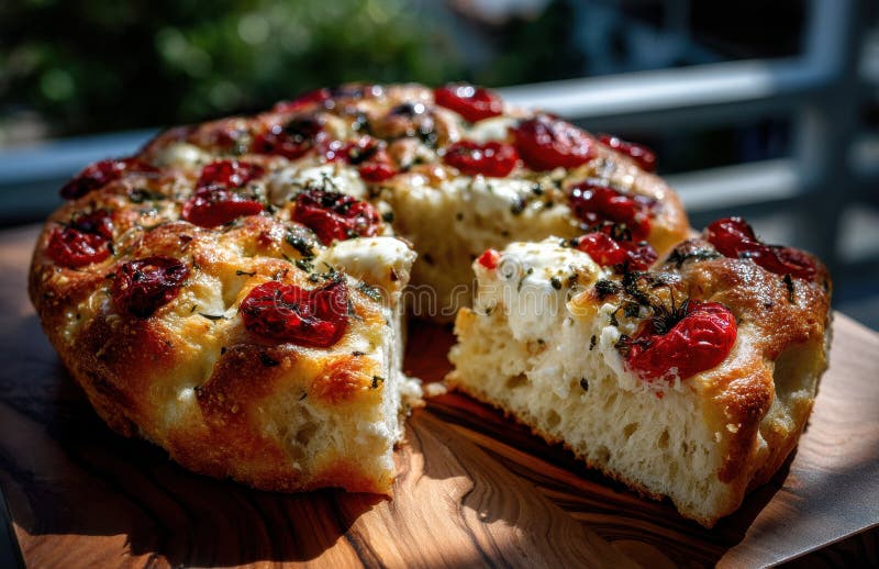 Köstliches hausgemachtes Focaccia Brot mit Kirschtomaten und Mozzarella Backen auf Holzbrett. Frisch gebackenes Focaccia Brot überzogen mit gebratenen Kirschtomaten Mozzarella und Kräuter ruhen auf einem Holzschneidbrett AI generiert