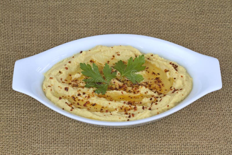 Köstliches hummus in der weißen Platte auf Leinwand lizenzfreie stockfotografie