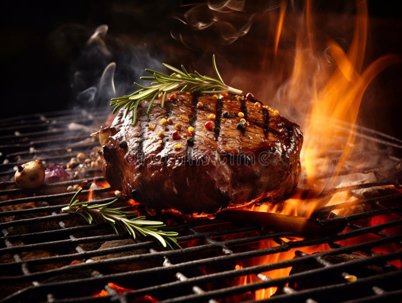 Köstliches, saftiges Rindsteak auf Grill mit Rauch und Flammen. gegrilltes Riesengebratenes Grillgebäck oder Ribeye-Steak lizenzfreie abbildung