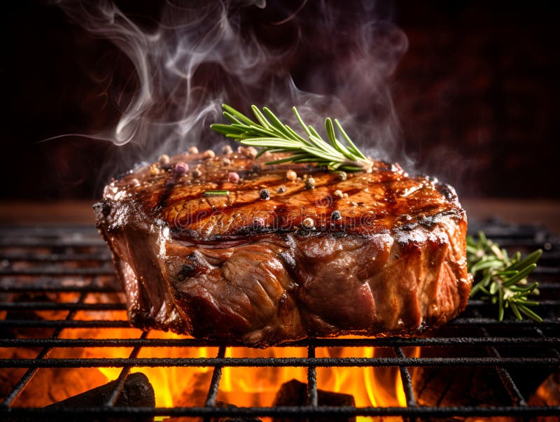 Köstliches, saftiges Rindsteak auf Grill mit Rauch und Flammen. gegrilltes Riesengebratenes Grillgebäck oder Ribeye-Steak lizenzfreie abbildung