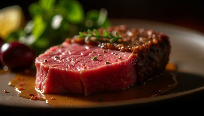 Köstliches seltenes Rindensteak mit Sauce und frischem Kräutergarnisch vektor abbildung