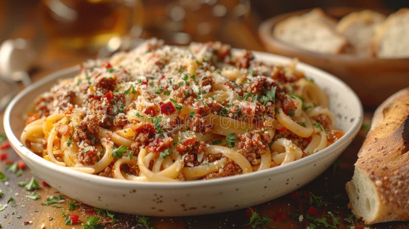 Köstliches Spaghetti Bolognese mit Parmesan und Petersilie serviert mit Knoblauchbrot vektor abbildung